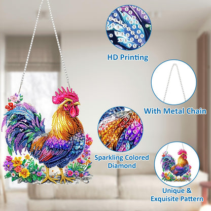 SENQAO Chicken Diamond Art Hanging Kit for Adult, Special Shaped Rhinestone, DIY Acrylic 5D Diamond Art Painting Window Pendants Home Garden Wall Hanging Kits Hanging Ornament