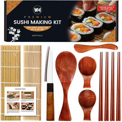 Wimitools All Wood Sushi Making Kit Nonplastic Sushi Roller Kit, Nanmu Wood Rice Paddle, Spreader, Chopsticks, Bamboo Mat - the Pro Homemade Sushi Kit and Best Gift
