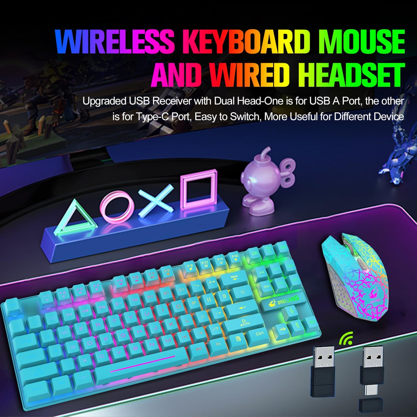 Wireless Gaming Keyboard and Mouse Combo with 87 Key Rainbow LED Backlight Rechargeable 3800mAh Battery Mechanical Feel Anti-ghosting Ergonomic Waterproof RGB Mute Mice for Computer PC Gamer (Blue)