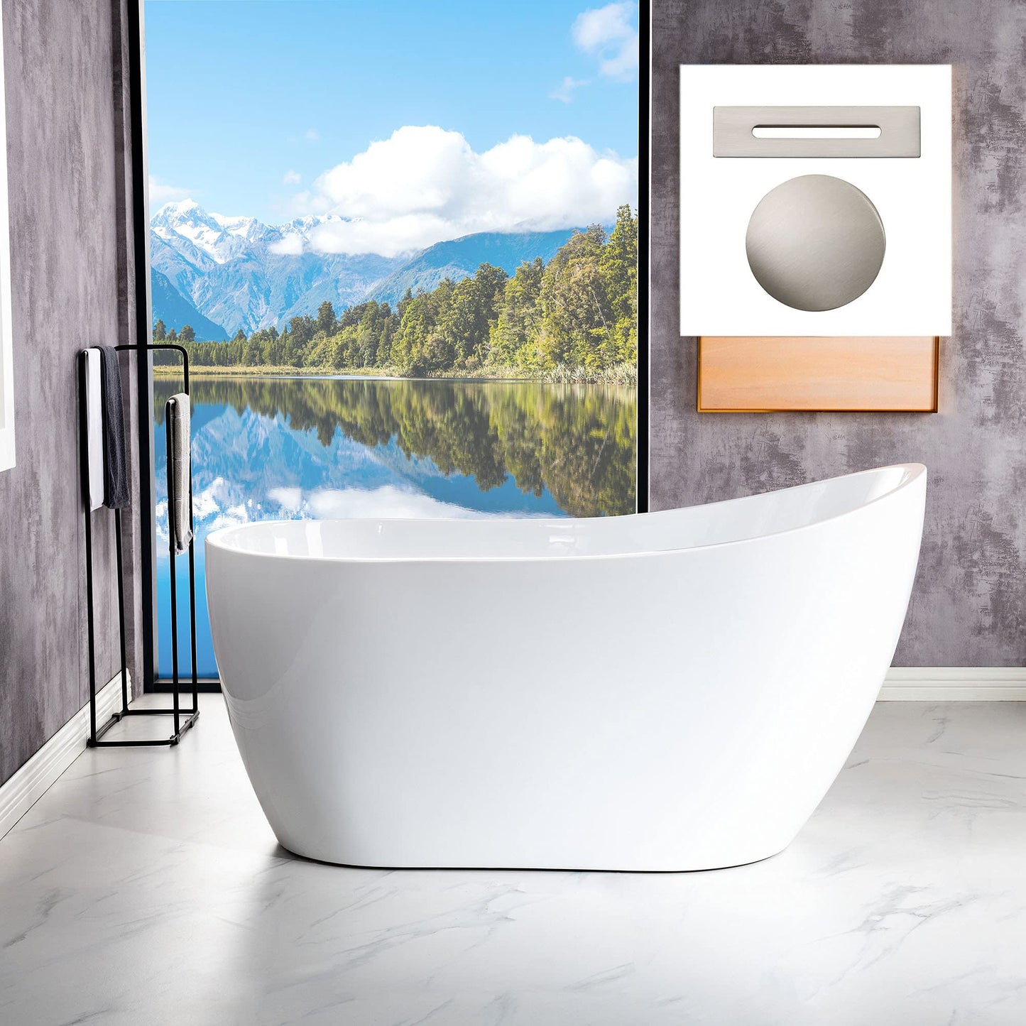 WOODBRIDGE 54"Freestanding White Acylic Soaking Bathtub with Brushed Nickel Drain and Overflow,B0006 -B-Drain &O