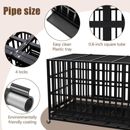 SHUSHIM 48 Inch Heavy Duty Dog Crate Kennel with Wheels, High Anxiety Indestructible Dog Crates for Large Dogs, XL XXL Extra Large Dog Crate with Removable Plastic Tray, Two Locks (Black, Square)