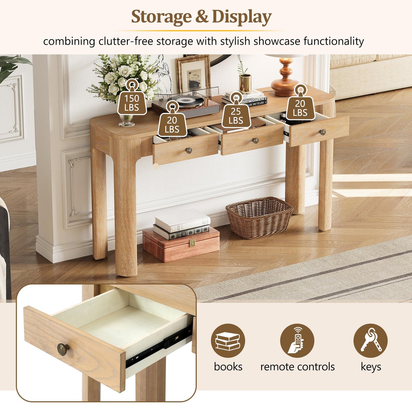 Merax 52" Console Table with 3 Drawers, Rustic Entryway Table with Curved Corners, Narrow Long Sofa Table for Living Room, Hallway, Entrance, Behind Couch, Foyer, Sturdy Thick Legs, Light Oak