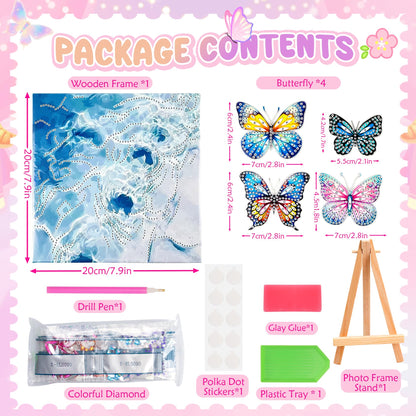 SJTYDX Framed Diamond Art Kits, Diamond Painting Butterfly with Movable Wings, DIY Rhinestone Gem Painting Crafts Canvas Art with Easel Diamond Paint Kits for Decor Gift, 7.8x7.8 Inch