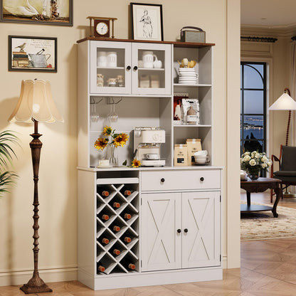 GarveeLife Tall Coffee Bar Cabinet with Wine Rack – Modern Sideboard Buffet, Barn Doors, Storage Hutch, Power Outlets, Glass Holder – for Dining Room, Kitchen, or Living Room – White + Light Walnut