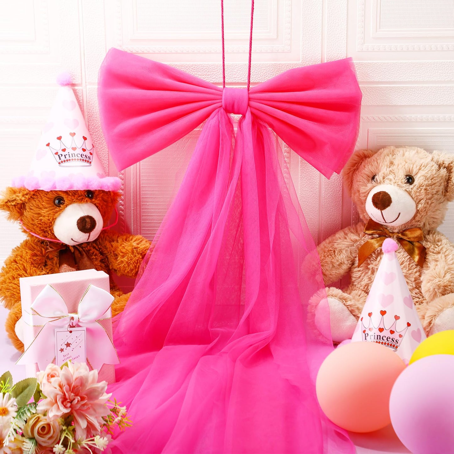 Zeyune 1 Pcs Hot Pink Large Bow Party Decorations 13.4 x 28.7 Inch Giant Ribbon Bow Hanging Wall Decor Wrapping DIY Craft for Birthday Valentines Day Wedding Baby Shower Room Wall Backdrop Party