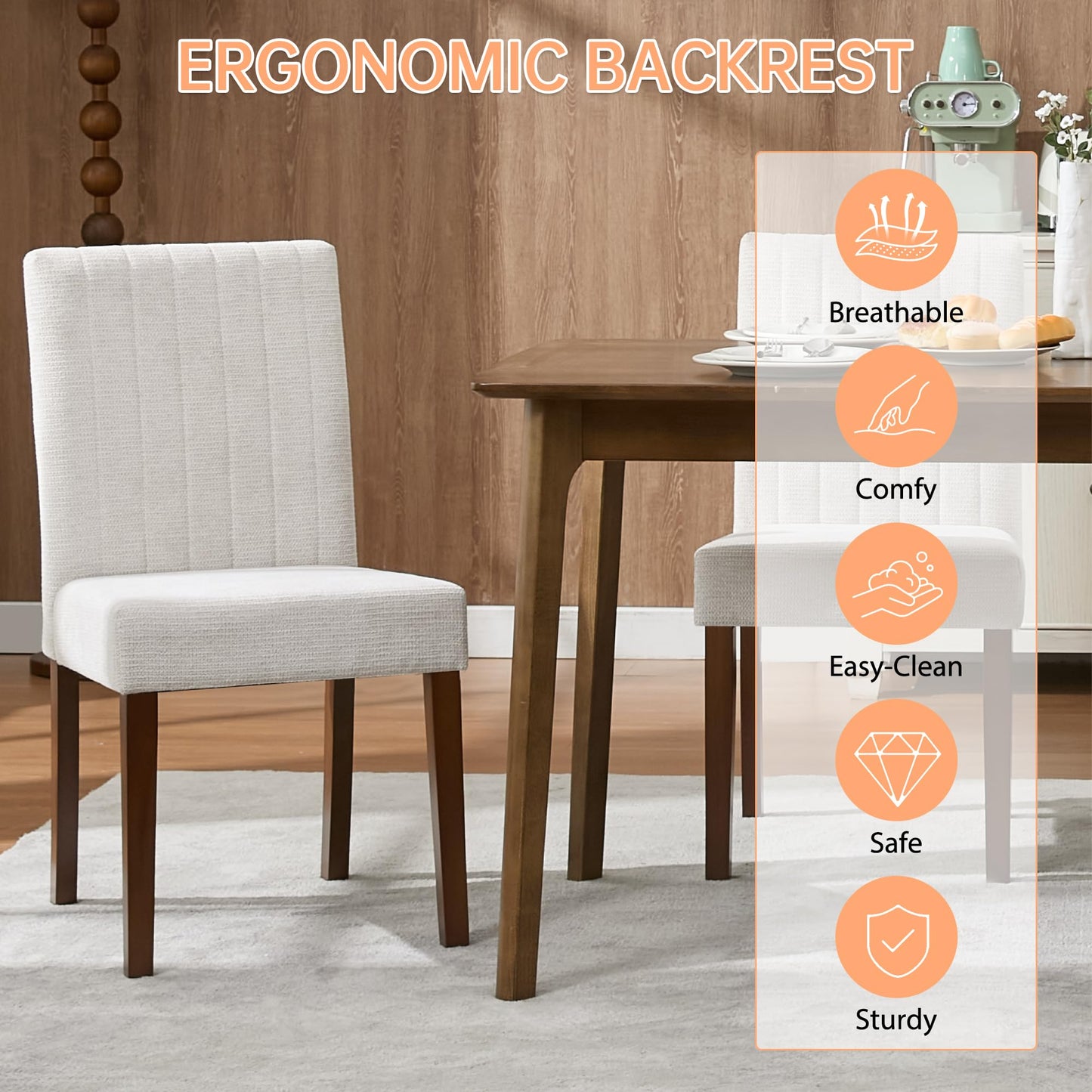 IDEALHOUSE Dining Chairs Set of 6, Farmhouse Tufted Parsons Chairs Stylish Kitchen Chairs Upholstered Fabric Kitchen Chairs with Wood Legs and Padded Seat, for Dining Room, Living Room, Beige