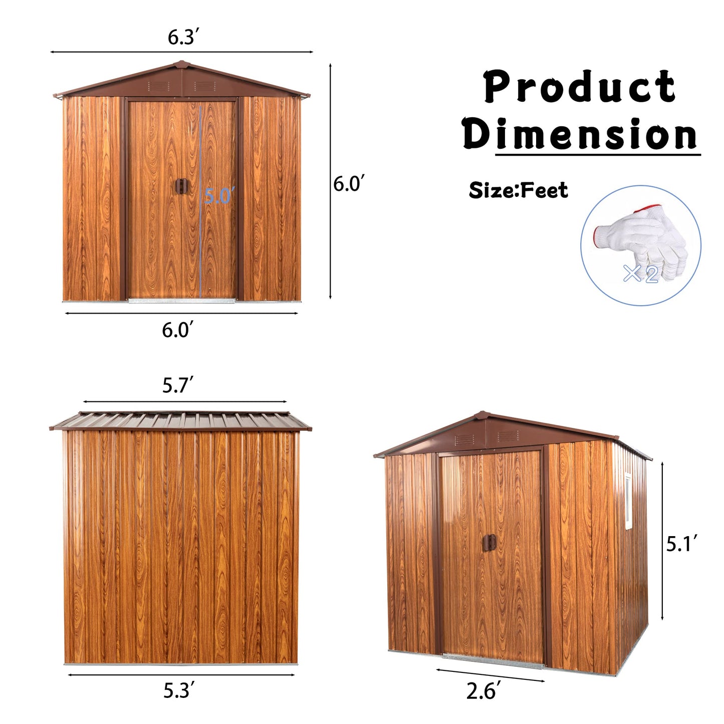 6 x 6 Ft Outdoor Metal Storage Shed with Woodgrain & Side Window, Accent Garden Shed w/Air Vents, Floor Base and Lockable Sliding Doors, Utility Tool Storage House for Backyard Lawn,Brown