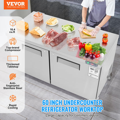 VEVOR 60" Commercial Refrigerator Sandwich & Salad Prep Table, 16.4 Cu. Ft Stainless Steel Refrigerated Food Prep Station with 2 Doors, Frost Free Refrigerator with Lock for Restaurant, Bar, Store