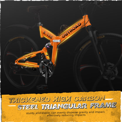 Outroad 26 Inch Folding Mountain Bike, 21 Speed Full Suspension High-Carbon Steel MTB Foldable Bikes, Dual Disc Brake Non-Slip Folding Bicycle for Adults/Men/Women, 26 inch-Orange