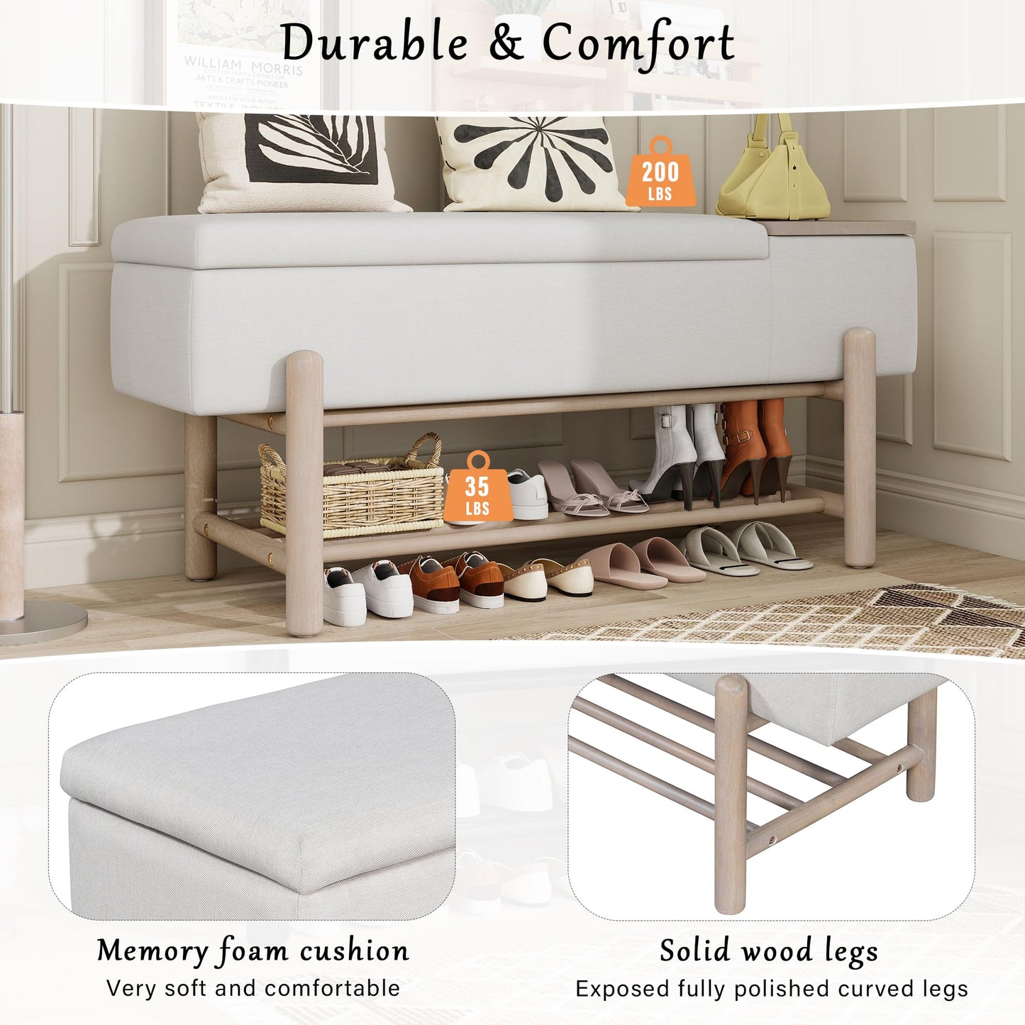 GDFStudio 47.2" Modern Upholstered Shoe Storage Bench with Hidden Compartment and Shoe Rack, Wood Entryway Shoe Organizer Cabinet with Cushion for Bedroom Living Room Hallway, Natural