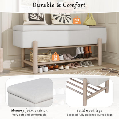 GDFStudio 47.2" Modern Upholstered Shoe Storage Bench with Hidden Compartment and Shoe Rack, Wood Entryway Shoe Organizer Cabinet with Cushion for Bedroom Living Room Hallway, Natural