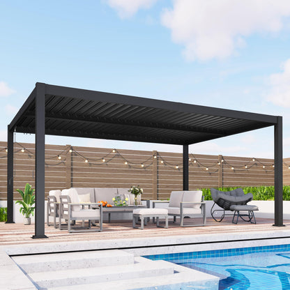 12' x 16' Louvered Pergola, Metal Outdoor Pergola with Adjustable Louvered Roof & Gutter System, Hardtop Patio Gazebo for Backyard, Deck, Garden, Dark Gray