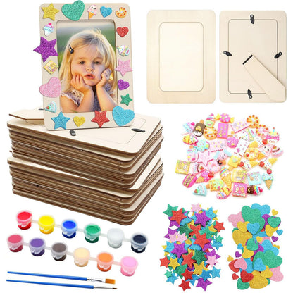 ZOCONE 12 Pcs Wooden Picture Frames for Craft, 7.5"x5.5" Unfinished Wood Photo Frames with Stand, DIY Wood Frame with Stickers, Resin Accessories, Painting Tools, Mothers Day Crafts for Kids to Make