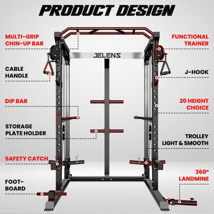 JELENS C21 Power Cage, 2000LBS Multi-Function Power Rack with Independent Dual Pulley System, All-in-One Squat Rack for Cable Crossover, Home Gym Workout Machine (Black, C21 Power Cage)