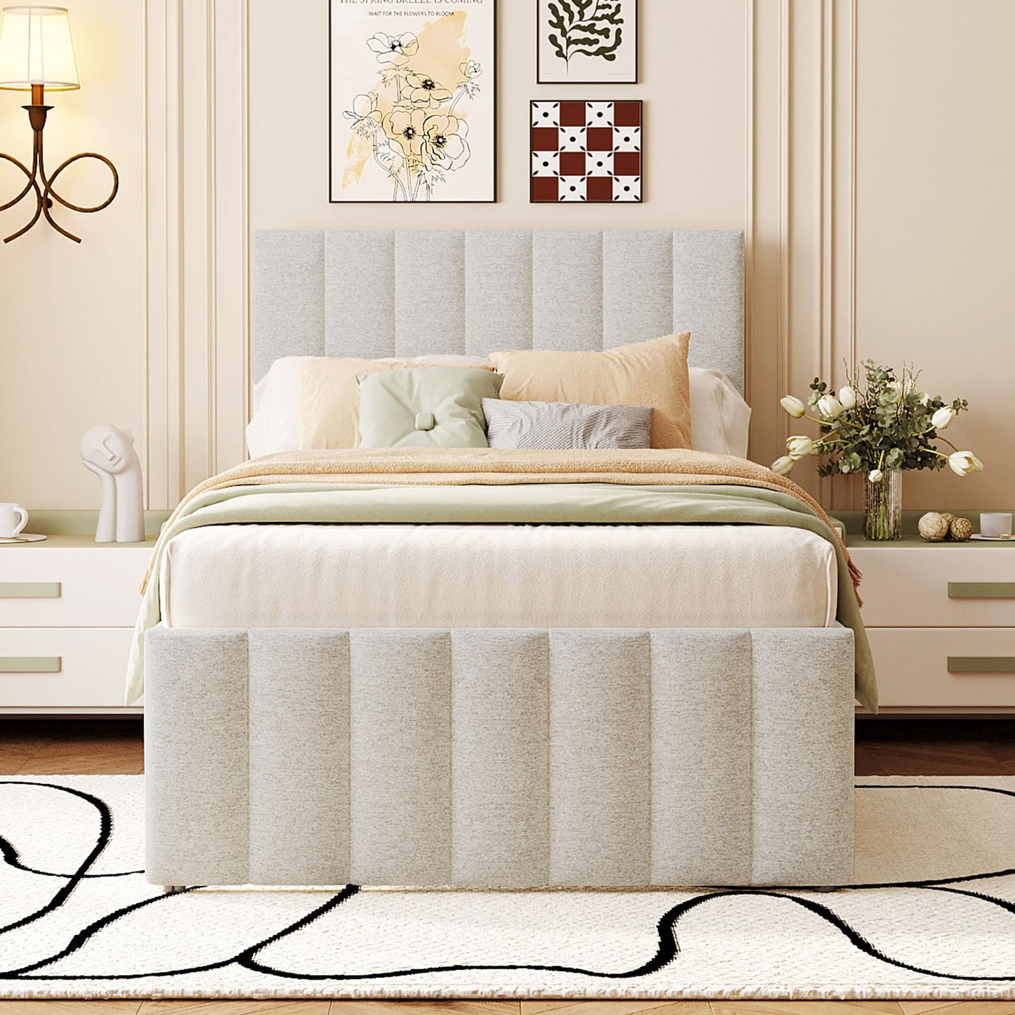 Merax Twin Size Bed Frame with Trundle and 3 Storage Drawers, Elegant Linen Upholstered Platform Bed with Stripe Headboard for Bedroom, Small Spaces, Solid Wood Slats Support, Easy Assembly, Beige