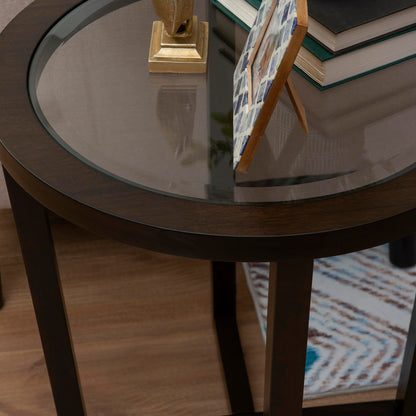 Powell Marta Umber Brown Wooden Three Piece Coffee and End Table Set with Tempered Glass Tops