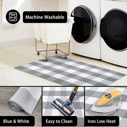 KOZYFLY Buffalo Plaid Rug 27.5x43 Inches, Grey and White Hand Woven Cotton Washable Indoor Rug