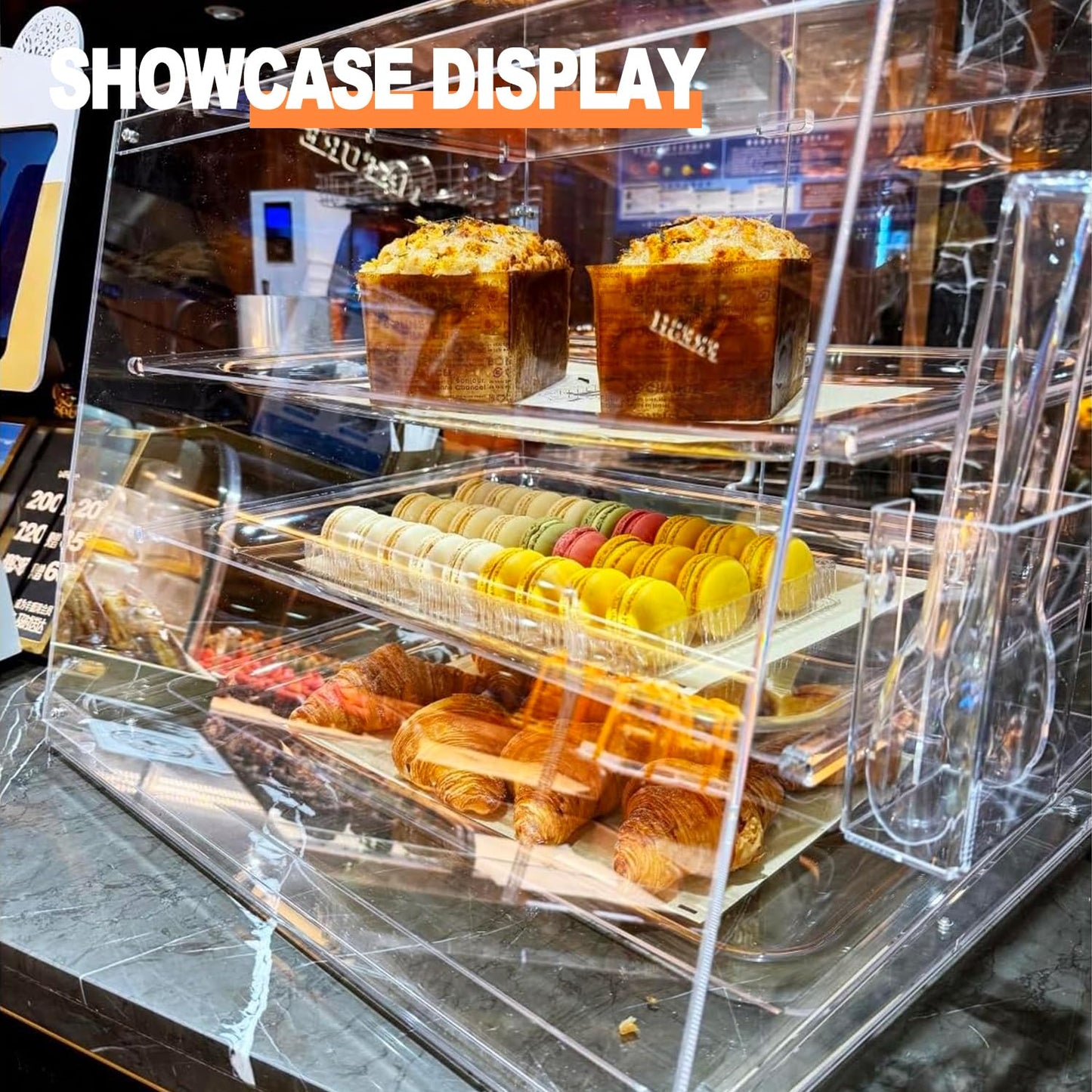 2PCS 20.9”W x 17.3”D x 16.7”H ,3-Tray Bakery Display Case, Acrylic Clear Display Case Countertop for Bread Pastry Dessert Food Cookie Display, Display Cabinet Box for Baking Enthusiasts