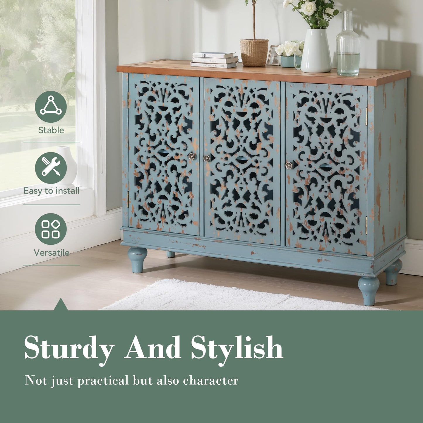 Sophia & William Sideboard Buffet Credenza Cabinet, 3-Door Hollow-Carved Accent Cabinet, Distressed Sideboard Storage Cabinet with Wood Veneer for Kitchen, Living Room, Dining Room, Entryway, Blue