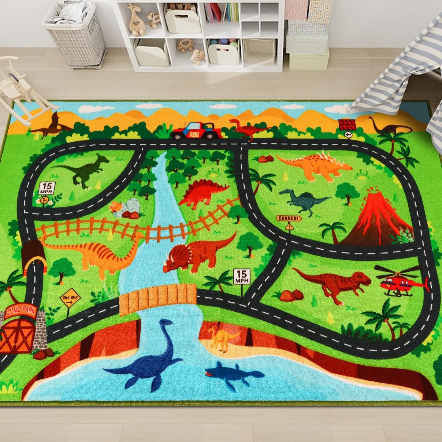 Rug,59"X39.4" Kids Carpet Playmat Dinosaur Car Rugs for Kids Toy Cars,Non Slip Dino Safari Road Map Kid Rug