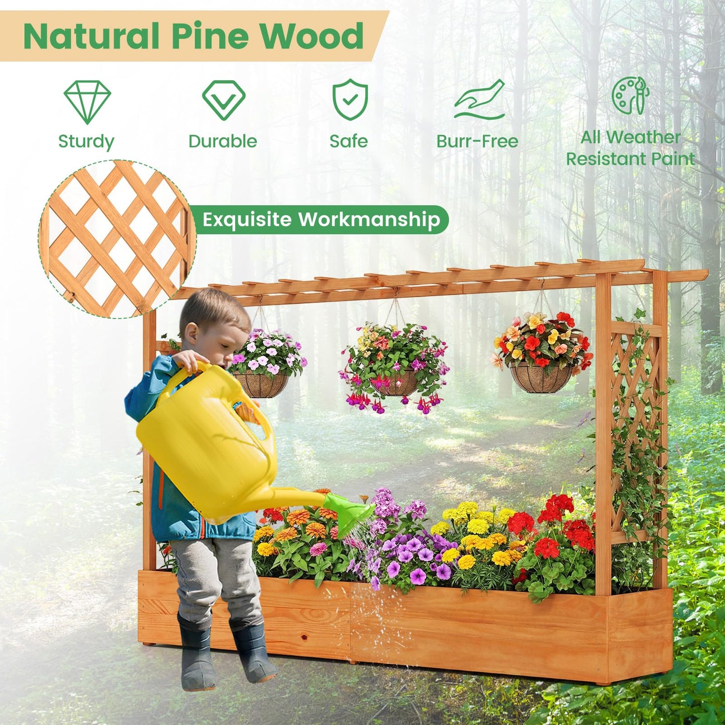 Giantex 2 Pcs Raised Garden Bed with Trellis & Hanging Roof, Wood Planter Box with Bottom & Drainage Holes, Freestanding Garden Planter for Flower Fruit Vegetable Herb Climbing Vine (77"x14.5"x45")