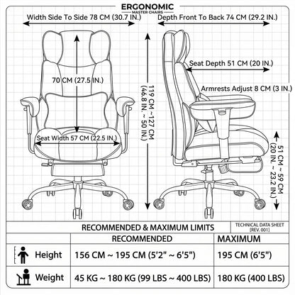 Efomao Big and Tall Office Chair 400lbs - Heavy Duty Reclining Desk Chair with Footrest, Spacious High Back PU Leather Executive Chair, Double-Layer Spring Support, Black