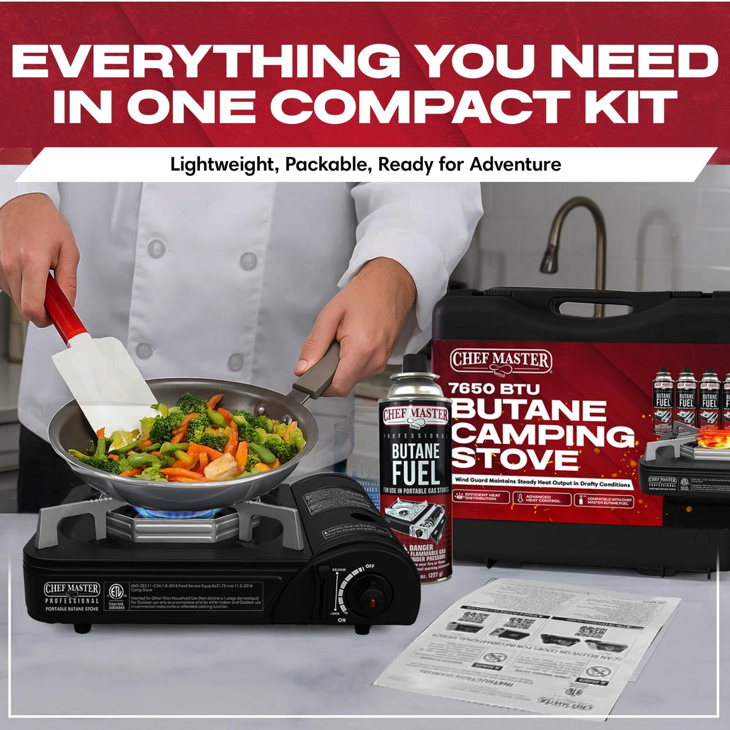 Chef Master Portable Butane Camping Stove, Piezo Ignition 7,650 BTU Output, Wind-Guard Portable Stove Burner with Portable Carrying Case for Emergencies, Road Trips, Hiking, Camping Essentials 90027
