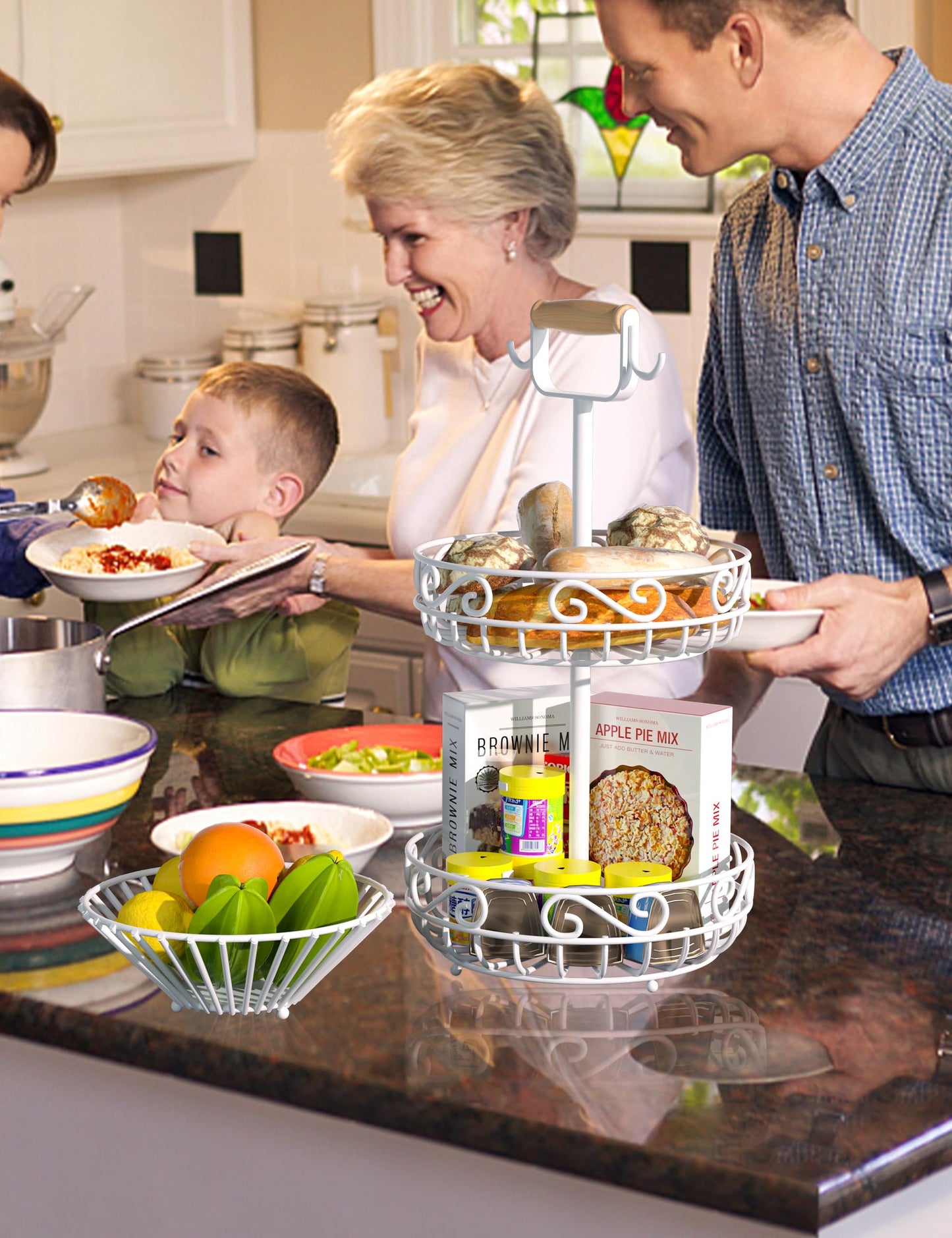 2-Tier 𝐅𝐫𝐮𝐢𝐭 𝐁𝐚𝐬𝐤𝐞𝐭 and Fruit Bowl - Fruit and Vegetable Storage with Banana Tree Hanger and Wood Handle, Fruit Basket for Kitchen Counter, for Bread Onions Potatoes Veggies Produce