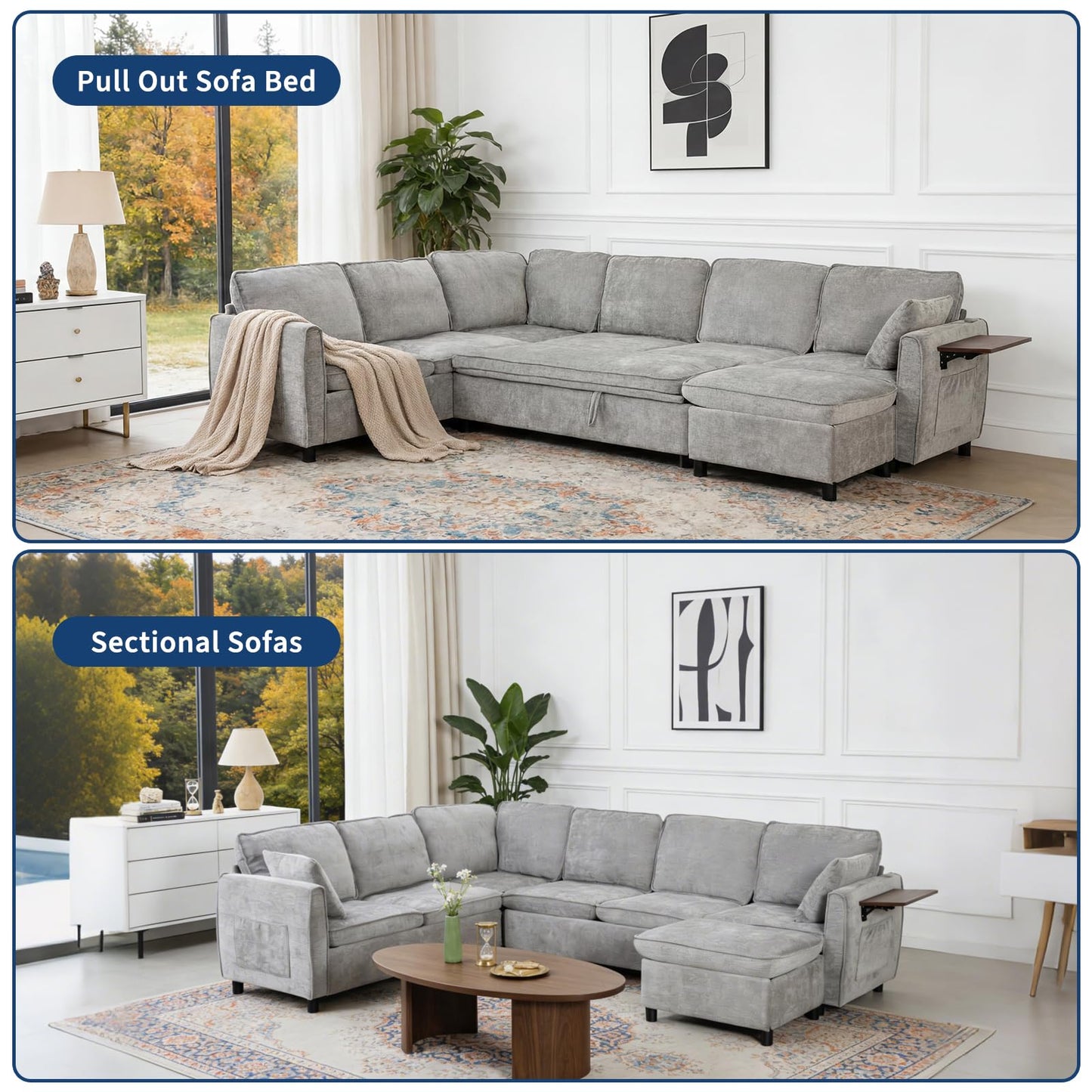 Modular Sectional Couch with Pull Out Sofa Bed, 116" U Shaped Modular Cloud Sofa Set with Ottoman, Charging Port & Foldable Side Table, 7 Seater Comfy Chenille Sleeper Couch for Living Room, Grey