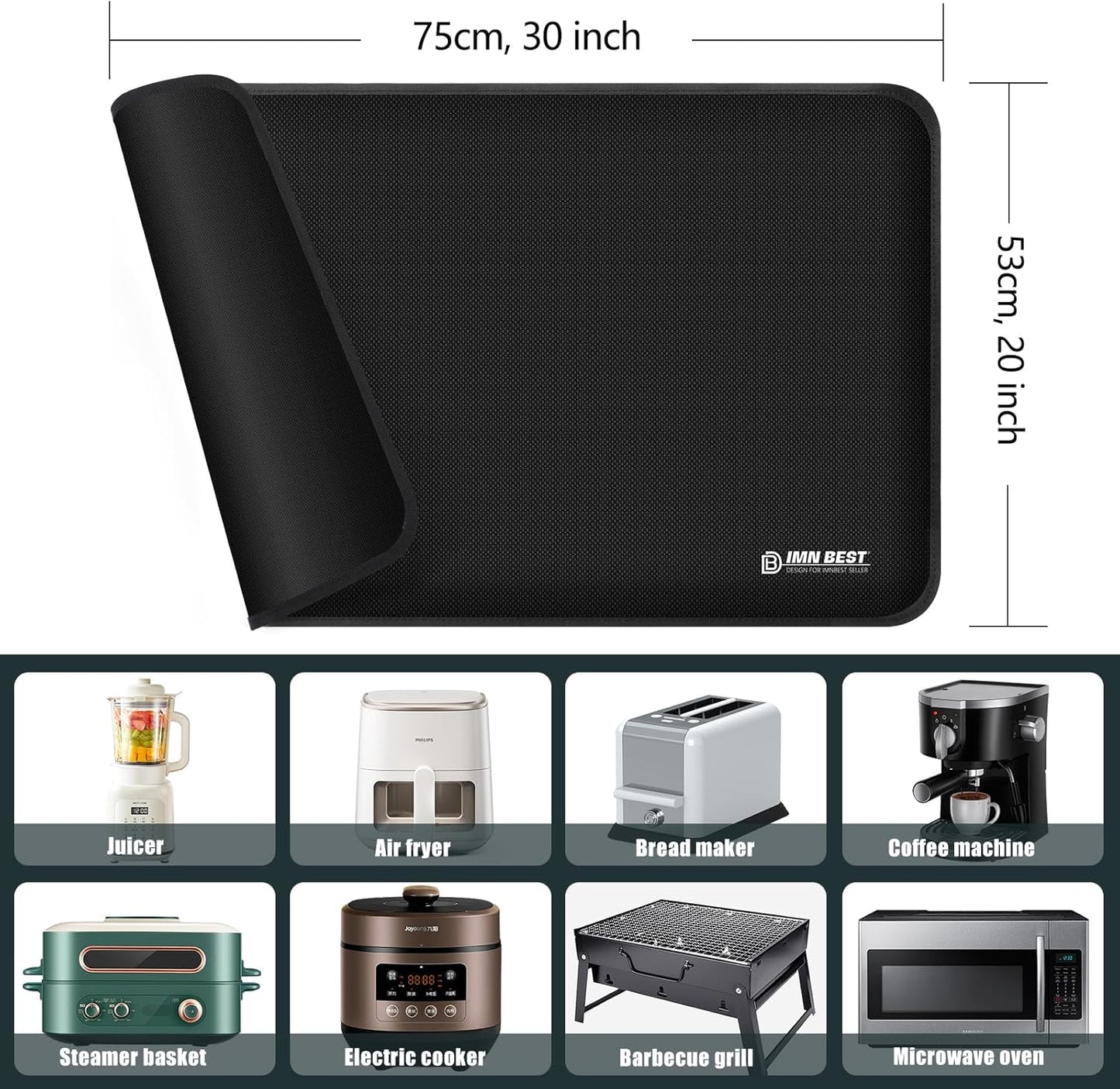 Heat Resistant Mat for Air Fryer Site, Fireproof Silicone Countertop Protector, Non-slip and Waterproof, Black
