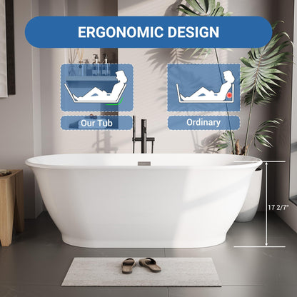 67" Free Standing Tub, Acrylic Soaking Bathtub, Stand Alone Freestanding Tub with Matte Sliver Drain and Overflow, Contemporary Bathtub for Bathroom, Flora