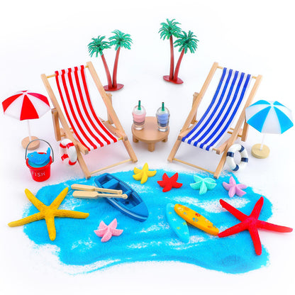Minatee 25 Pcs Beach Miniature Dollhouse Decoration, Umbrella Palm Chair Miniature Toys Garden Dollhouse Outdoor Accessories Beach Decorations for DIY Garden Plant Pool(Red, Blue)
