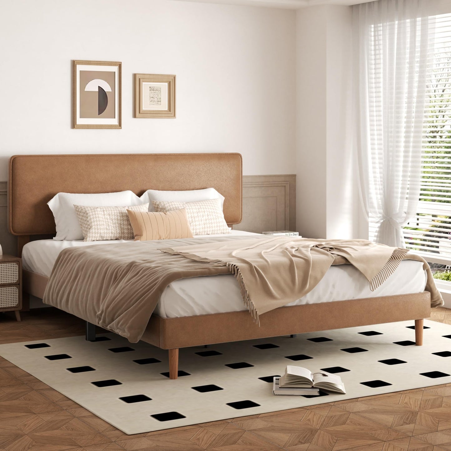 Sismplly King Size Upholstered Bed Frame with Adjustable Headboard, Faux Leather Platform Bed with Wood Slats, Lychee Grain Leather, No Box Spring Needed, Easy Assembly, Noise Free, Brown