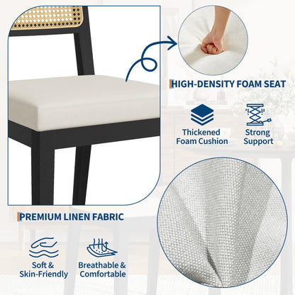 Garvee Rattan Dining Chairs Set of 4, French Country Upholstered Dining Chairs Wood Frame, Rattan Backrest, Armless Chair for Kitchen Restaurant Dining Room Bedroom, Linen, Black