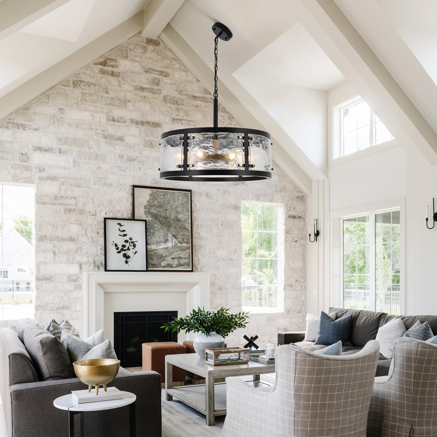 CNRATYE 23.6" Large Farmhouse Drum Black Chandelier, 6-Light Vintage Round Glass Chandeliers for Dining Room, Industrial Light Fixture for Kitchen Living Room Stairwell, Clear Waterglass Drum Shade