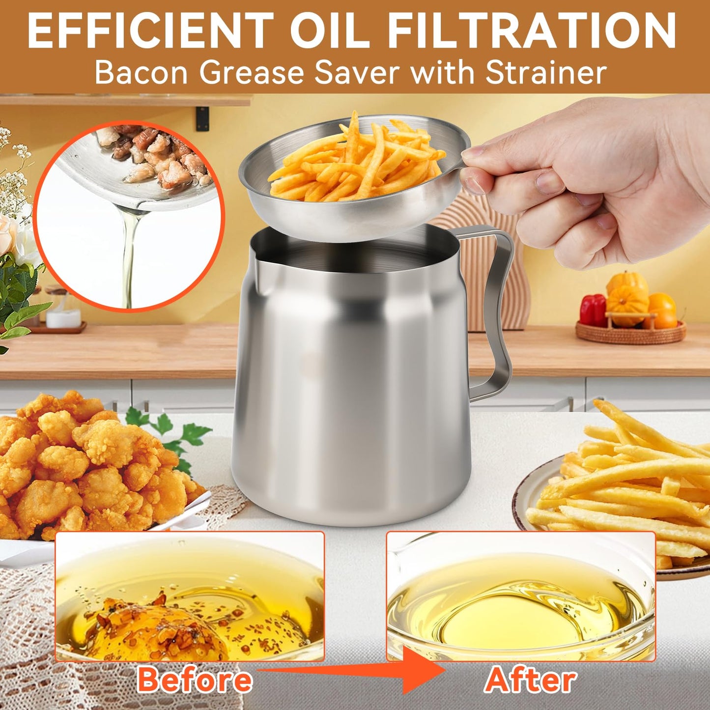6 PCS 2L Oil Filter Pot Bacon Grease Saver with Strainer,68oz Large Capacity Fryer Pot with Basket,Cooking Thermometer & 50 Wax Papers,Stainless Steel Fryer for Kitchen Camping