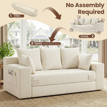 JUIKURY Boneless Couches 70 inch: 3-in-1 Convertible Sofa Bed Futon Couch Bed, Oversized Loveseat Sleeper Sofa with 5 Pillows, Beige Couch for Living Room, Bedroom & Small Space