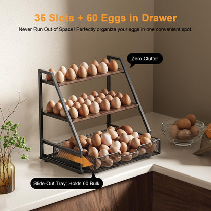 Wolera 3-Tier Wooden Fresh Egg Holder Countertop With Basket for 36+90 Eggs, Storage for Countertop with Carry Handle for Gathering 150+ Fresh Eggs