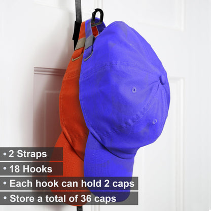 Perfect Curve Hat Organizer CapRack | Over-The-Door Hat Rack and Organizer | Baseball Cap Rack | Hat Rack for Door | Cap Organizer | 2 Straps | Holds 18 to 36 Adjustable Caps |Black