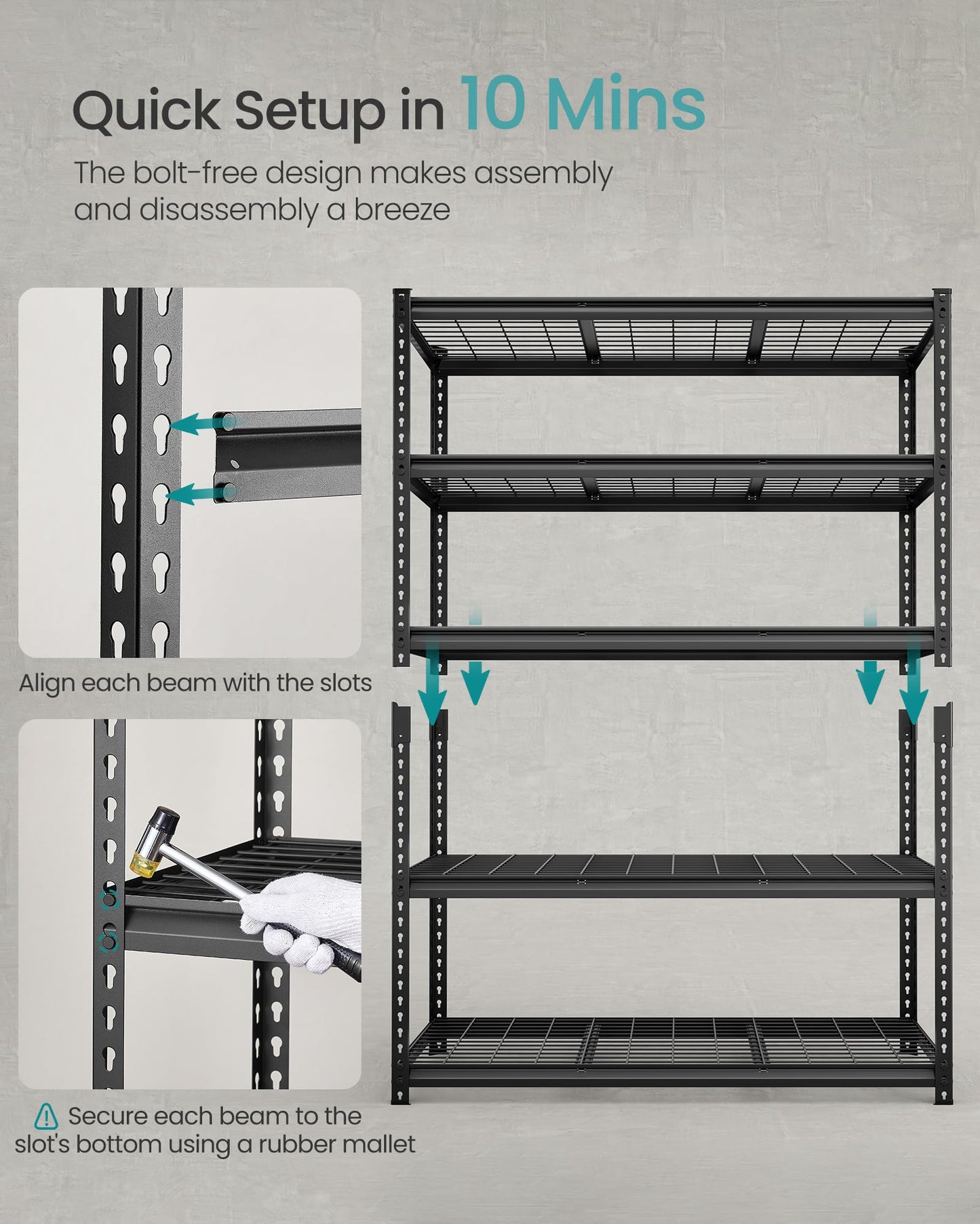 SONGMICS 5-Tier Storage Shelves, Heavy-Duty Garage Shelving, Adjustable Shelving Unit, Steel Shelf, Boltless Assembly, for Garage, 2,200 lb Load, 24 x 144 x 72 Inches, Ink Black UGLR454B03