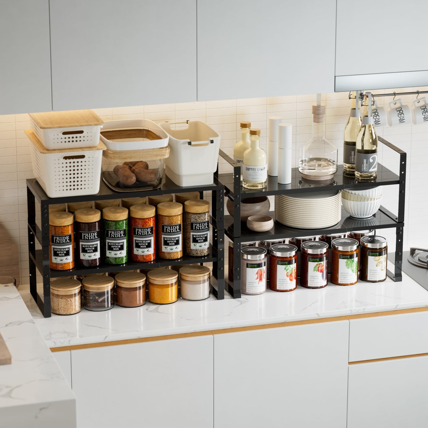 Jojocross Expandable,Stackable Spice Rack,Seasoning Organizer and Storage,Spices Jar Racks for Cabinet,Countertop, Metal Pantry, Cupboard,Laundry Storages,Heavy Duty(2 PACKS/MEDIUM/BLACK)