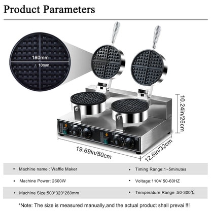 110V 2600W Commercial Double Waffle Maker,Non-Stick Commercial Waffle Baker,Stainless Steel Belgian Waffle Iron for Restaurant Party Food Stall, Bakery Snack Bar Family