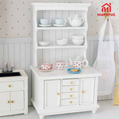 Dollhouse Miniature Cabinet 1/12 Scale Bookshelf Bookcase Cupboard Hutch, Mini Furniture Kitchen Accessories, European Items Living Room Wooden Storage Sideboard Display Showcase Shelves, White
