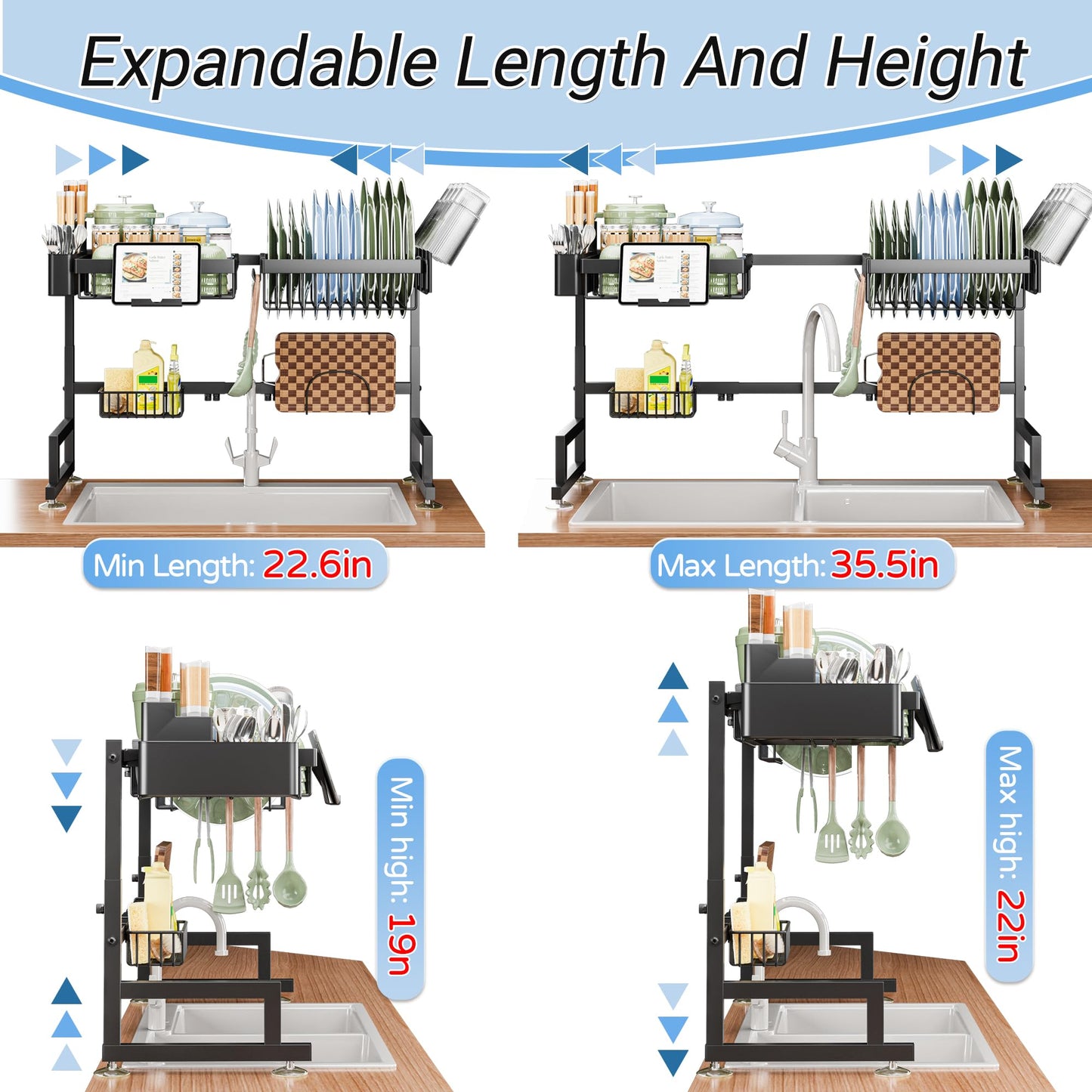 ADBIU Over The Sink Dish Drying Rack (Expandable Height and Length) Snap-On Design 2 Tier Large Dish Rack