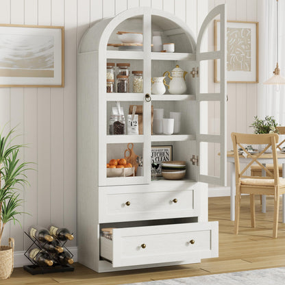 Garvee 72" Tall Dome Bookcase with Drawers, 4-Tier Wooden Bookshelf Cabinet with Glass Door, Farmhouse Arched Cabinet with Display Shelves, Wood Bookcase for Home Office, Living Room, Rustic White