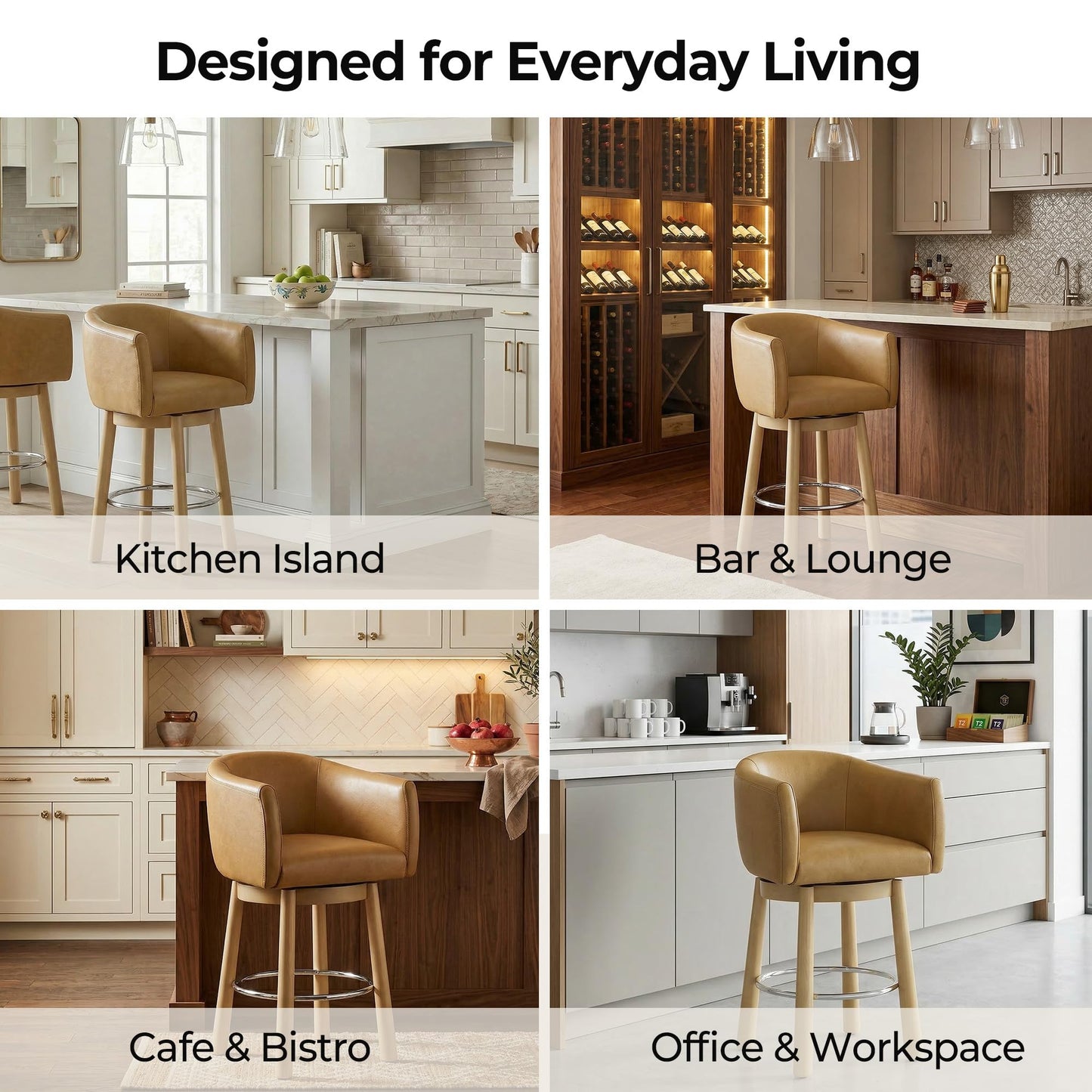 CHITA Genuine Leather Swivel Bar Stool, Modern Counter Height Bar Stools with Arms, Solid Wood Turned Legs, Upholstered Barstools for Kitchen Island, 26" Seat Height