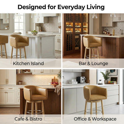 CHITA Genuine Leather Swivel Bar Stool, Modern Counter Height Bar Stools with Arms, Solid Wood Turned Legs, Upholstered Barstools for Kitchen Island, 26" Seat Height
