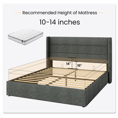 SHA CERLIN Full Size Lift Up Storage Bed/Modern Wingback Headboard/Upholstered Platform Bed Frame/Hydraulic Storage/No Box Spring Needed/Wood Slats Support/Dark Grey