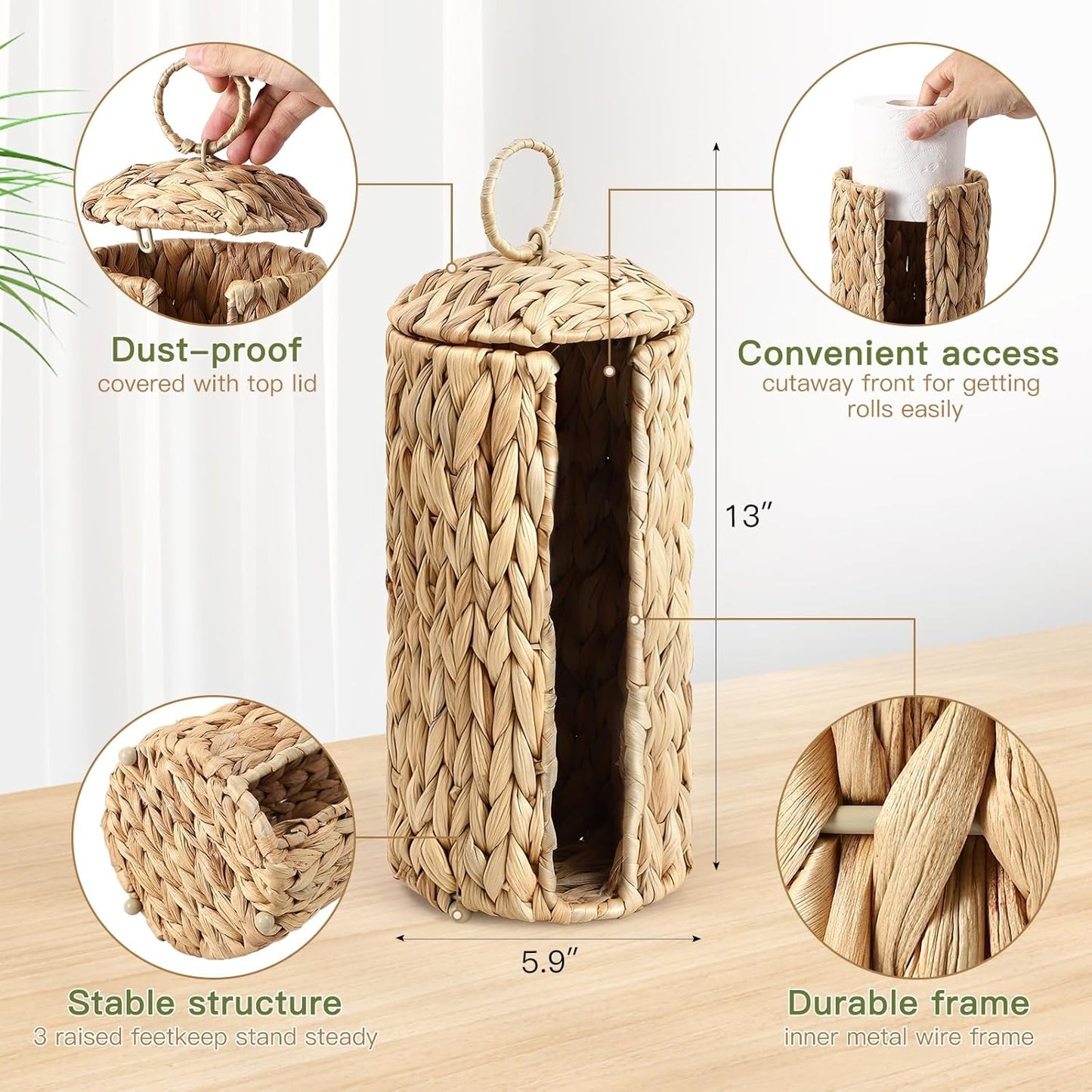 Skiennix Wicker Waste Basket - Handwoven Water Hyacinth Trash Can with Lid | Rustic Decorative 2.5 Gal for Home