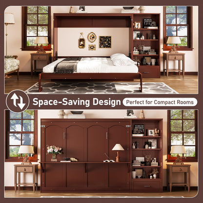 Merax Queen Murphy Bed with 3 Height Adjustable Storage Shelves & 1 Drawer, Wall Bed Frame Multifunctional Foldable Platform Bed for Small Space, Bedroom, Guest Room, Bear 500LBS (Walnut)